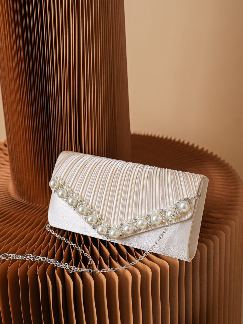 Elegant Satin Clutch Bag with Pearl and Diamond Detail for Wedding & Party - Image 3