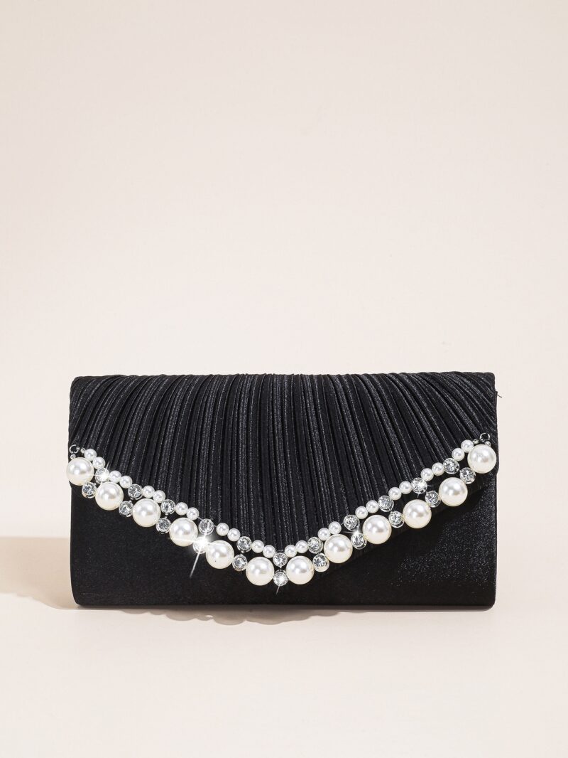 Elegant Satin Clutch Bag with Pearl and Diamond Detail for Wedding & Party - Image 4