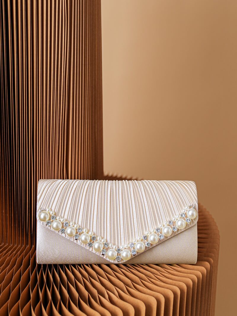 Elegant Satin Clutch Bag with Pearl and Diamond Detail for Wedding & Party - Image 2
