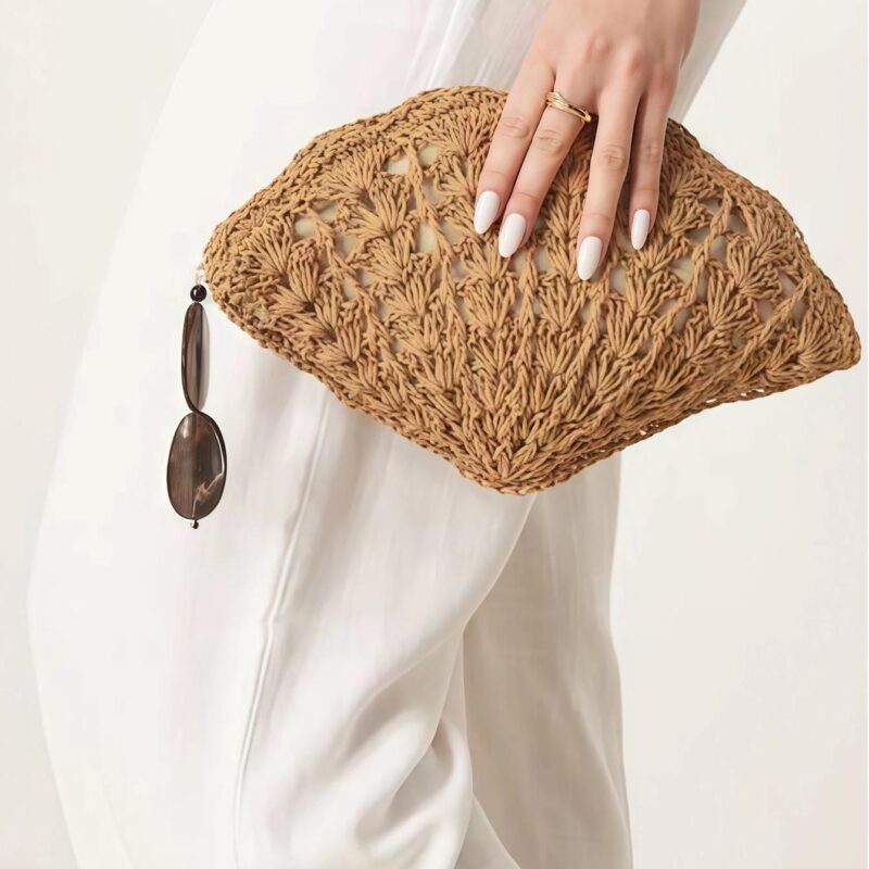 Seashell Shaped Handwoven Straw Party Bag with Acrylic Pendants - Image 2