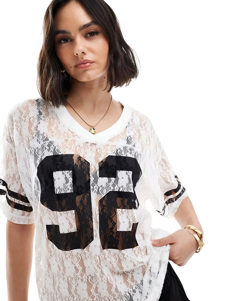 Women’s Lace V-Neck Football Tee – Sheer Summer Number Print Top - Image 4