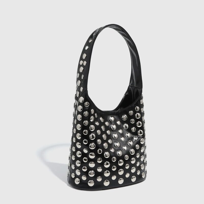 Magnetic Buckle Rivet Bucket Handbag - Image 4