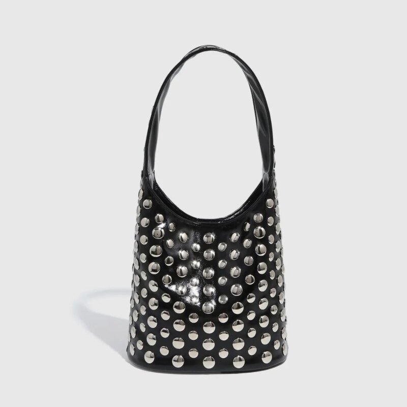 Magnetic Buckle Rivet Bucket Handbag - Image 3