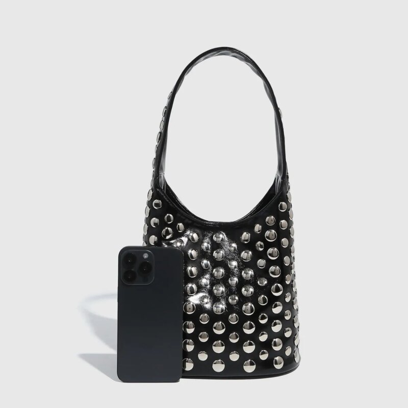Magnetic Buckle Rivet Bucket Handbag - Image 5