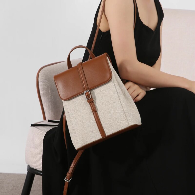 French Riviera Style Canvas & Cowhide Patchwork Large Capacity Backpack - Image 5
