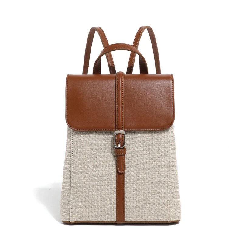 French Riviera Style Canvas & Cowhide Patchwork Large Capacity Backpack - Image 6
