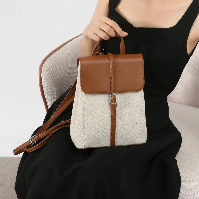 French Riviera Style Canvas & Cowhide Patchwork Large Capacity Backpack - Image 4