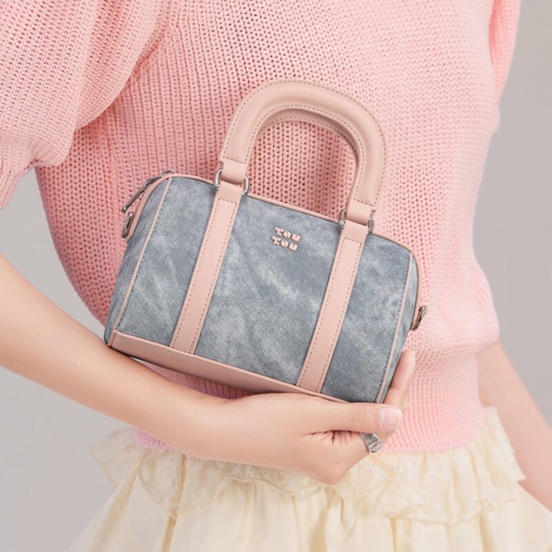 Chic Blue PU Leather Mini Bowling Crossbody Handbag with Dog Pendant - Image 3
