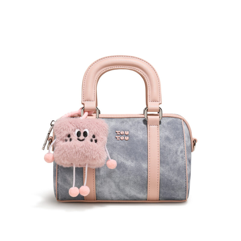 Chic Blue PU Leather Mini Bowling Crossbody Handbag with Dog Pendant - Image 6