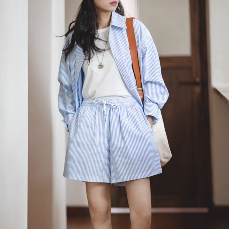 High Waist Cotton Bermuda Shorts for Women – Loose Fit Striped Summer Shorts