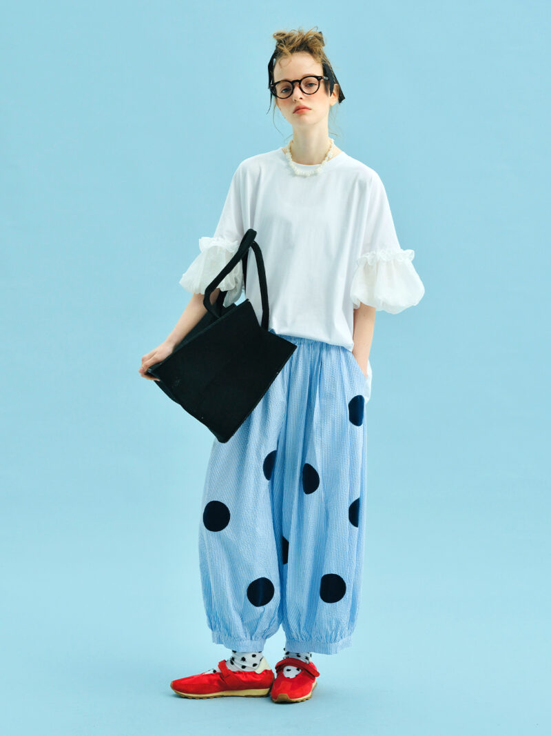 Sky Blue Polka Dot Wide Leg Cotton Pants for Women - Image 2
