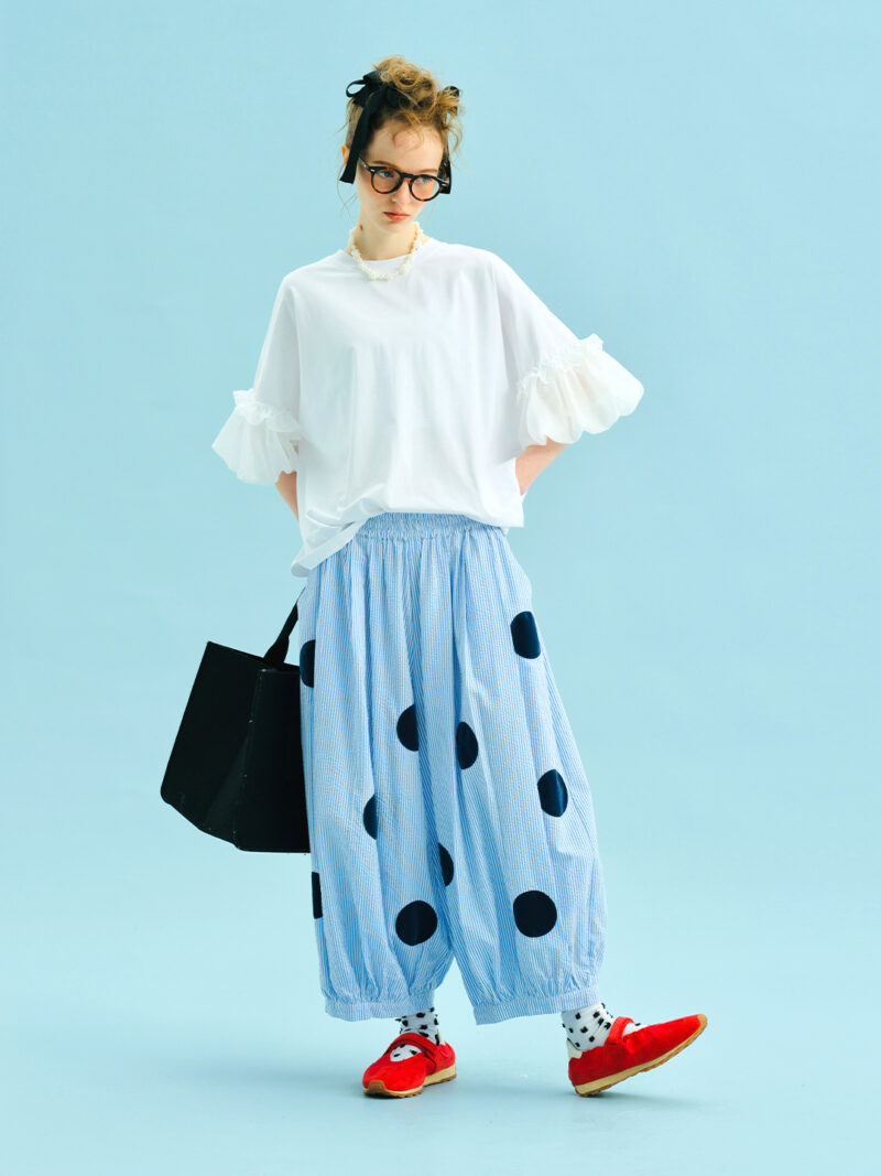 Sky Blue Polka Dot Wide Leg Cotton Pants for Women - Image 5