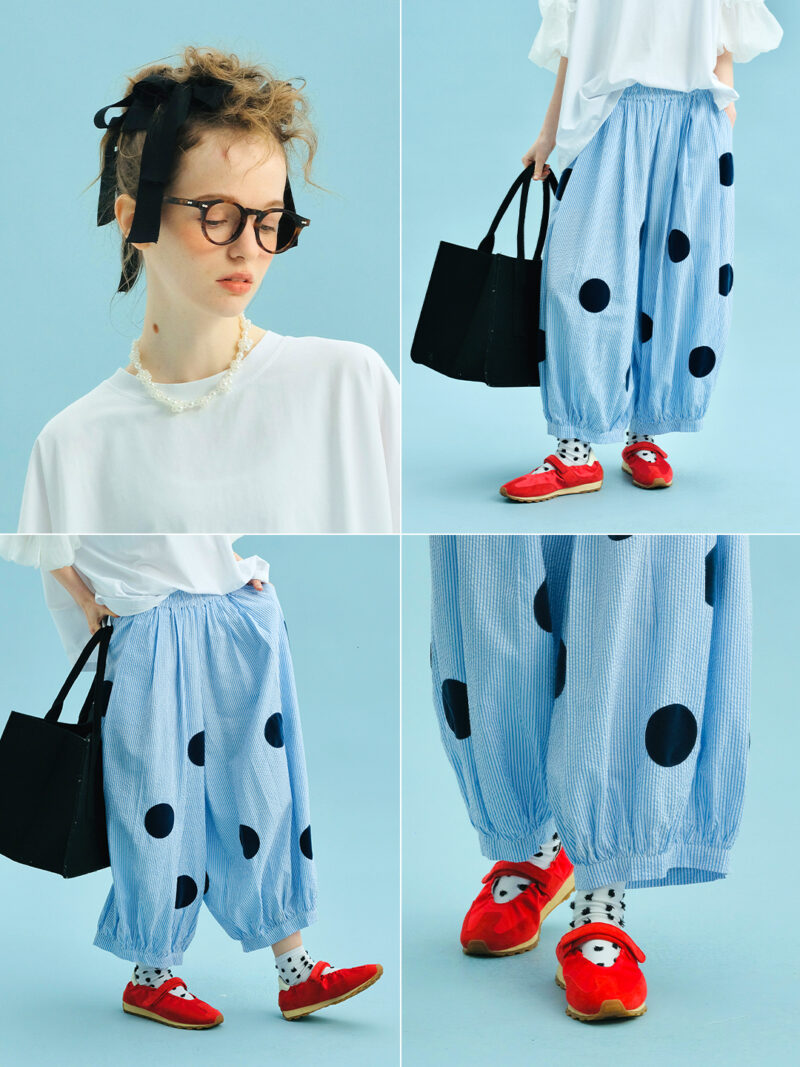 Sky Blue Polka Dot Wide Leg Cotton Pants for Women - Image 6