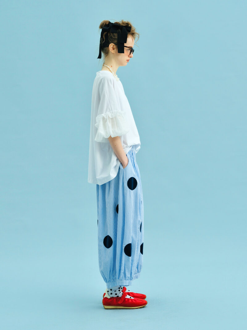 Sky Blue Polka Dot Wide Leg Cotton Pants for Women - Image 3