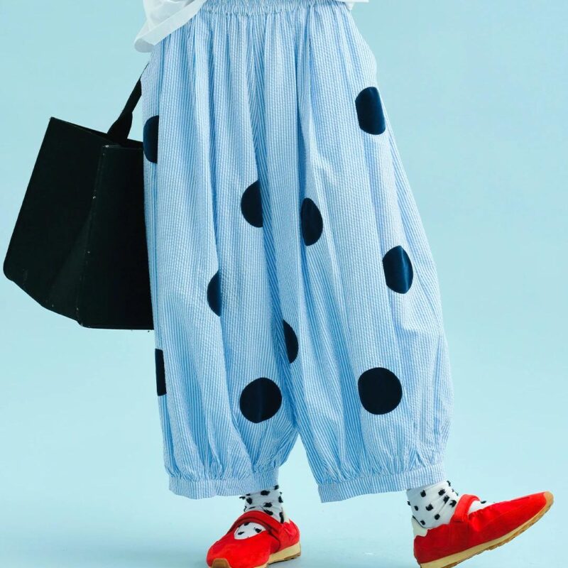 Sky Blue Polka Dot Wide Leg Cotton Pants for Women