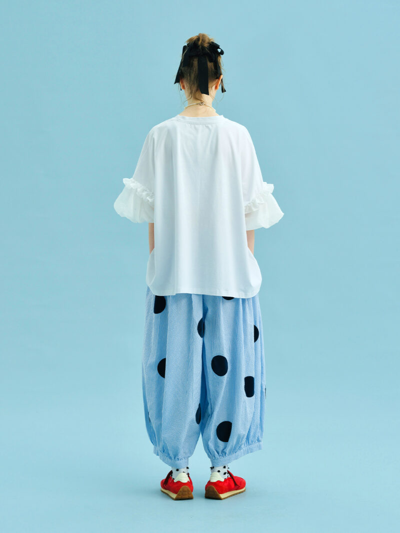 Sky Blue Polka Dot Wide Leg Cotton Pants for Women - Image 4