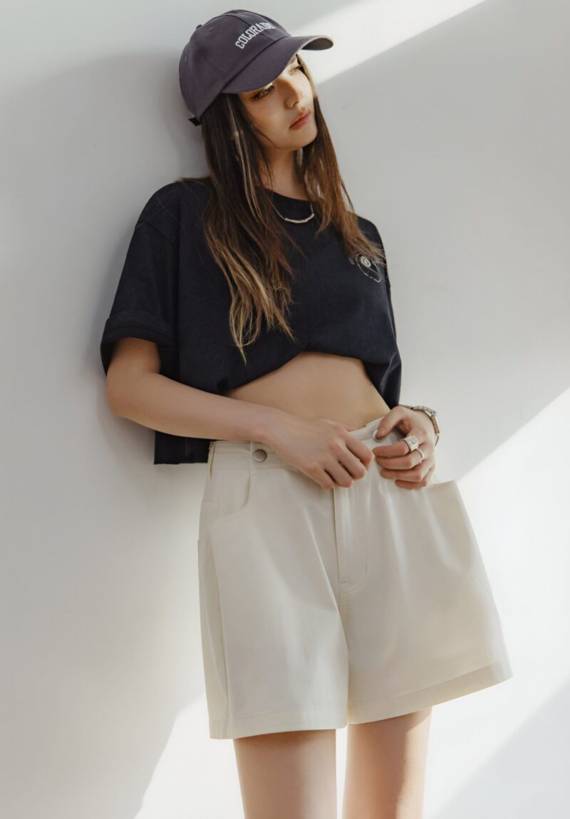 Beige Cotton Casual A-Line Shorts for Women – Summer Loose Fit Streetwear - Image 4