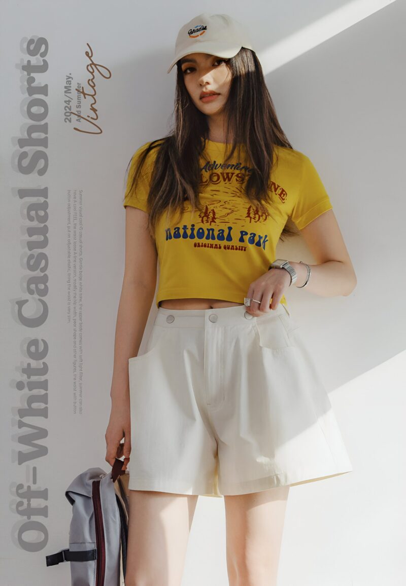 Beige Cotton Casual A-Line Shorts for Women – Summer Loose Fit Streetwear - Image 2