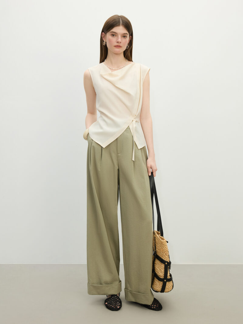 3D Pleated Slim Fit Straight-Leg Drape Pants for Women - Image 3
