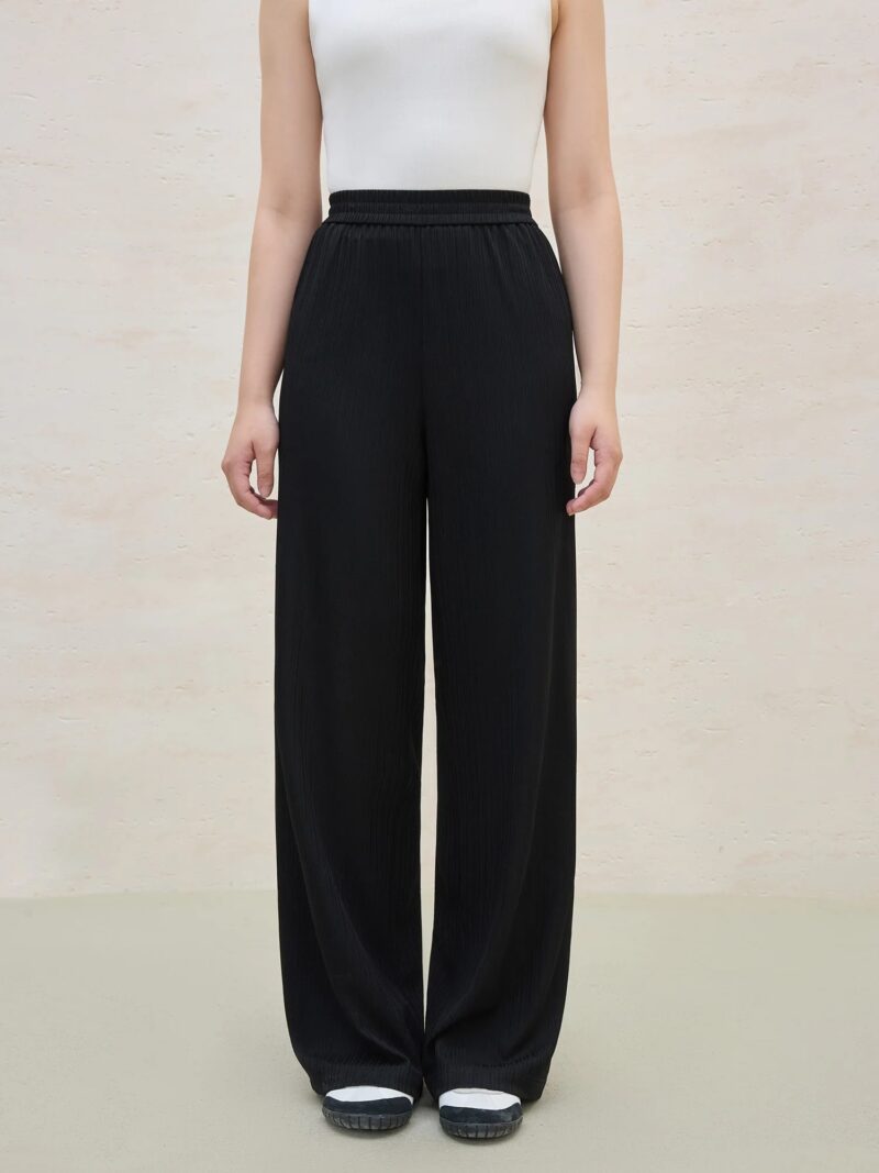 Minimalist Black Wide-Leg Stretch Trousers for Women - Image 3