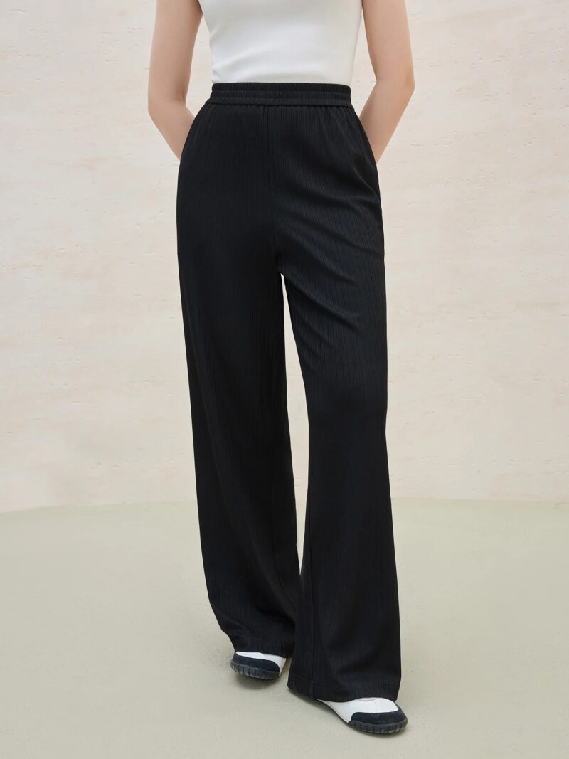 Minimalist Black Wide-Leg Stretch Trousers for Women - Image 2