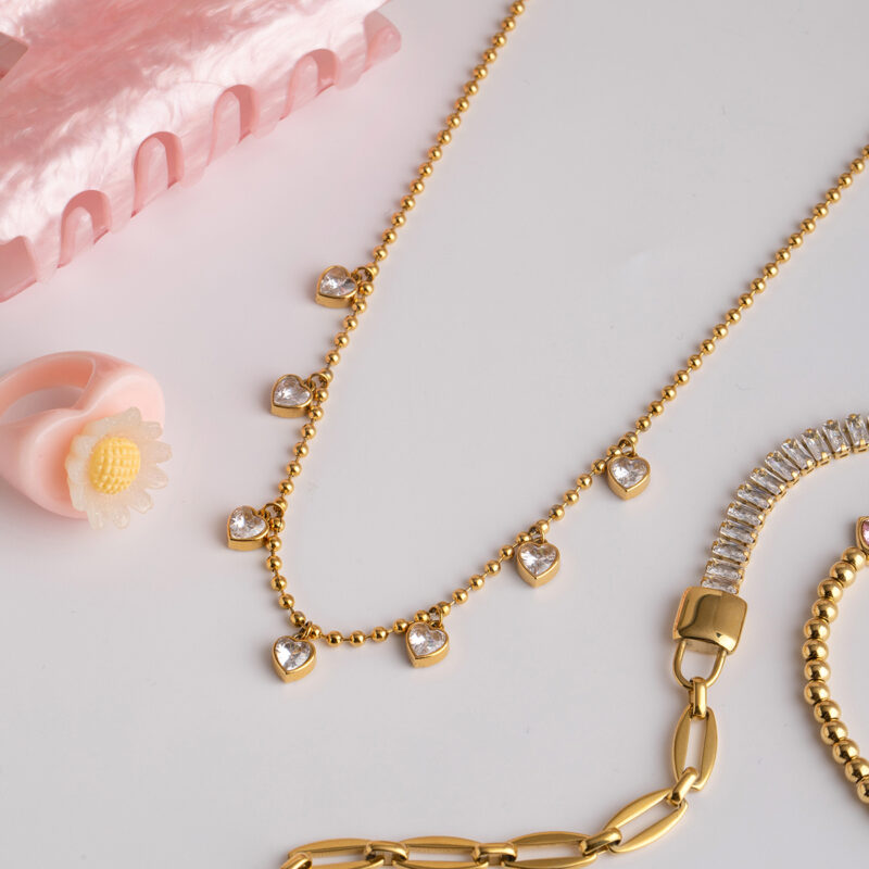 Minimalist Heart Zircon Gold Bead Chain Necklace - Image 6