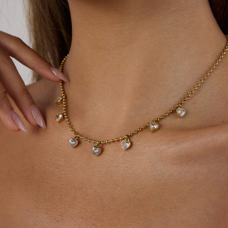 Minimalist Heart Zircon Gold Bead Chain Necklace - Image 3