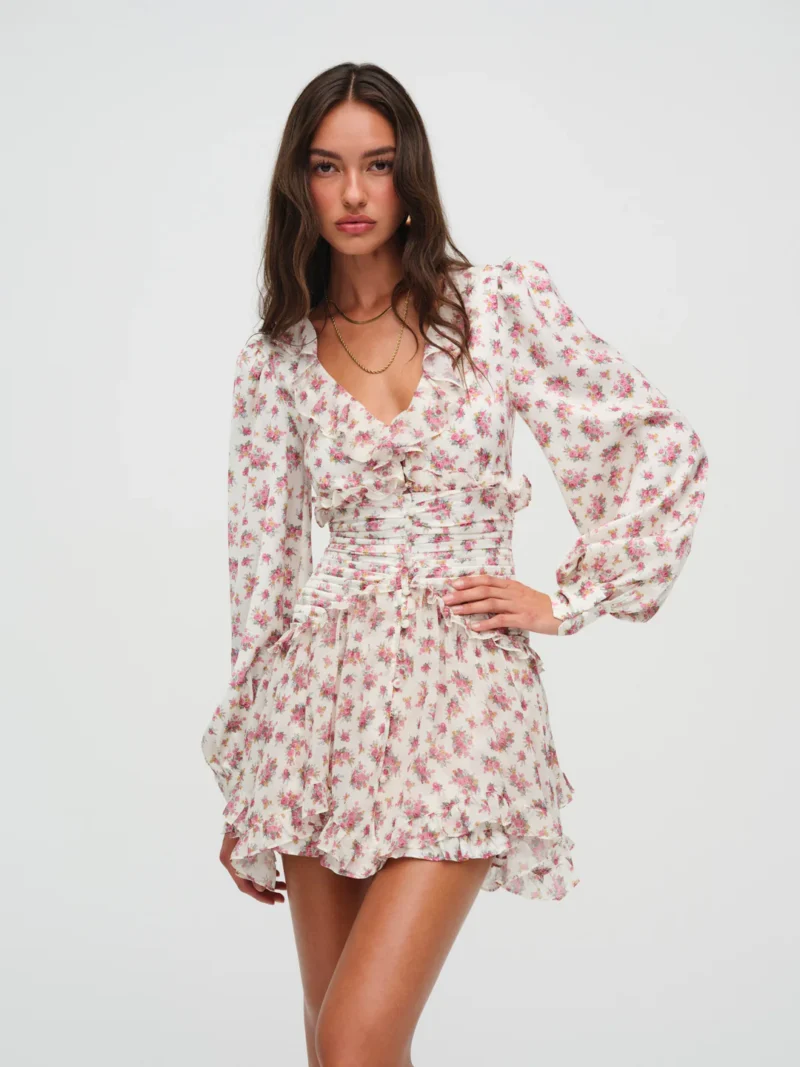 Spring Floral Ruffle Mini Dress – Boho V-Neck Long Sleeve A-Line Dress - Image 2