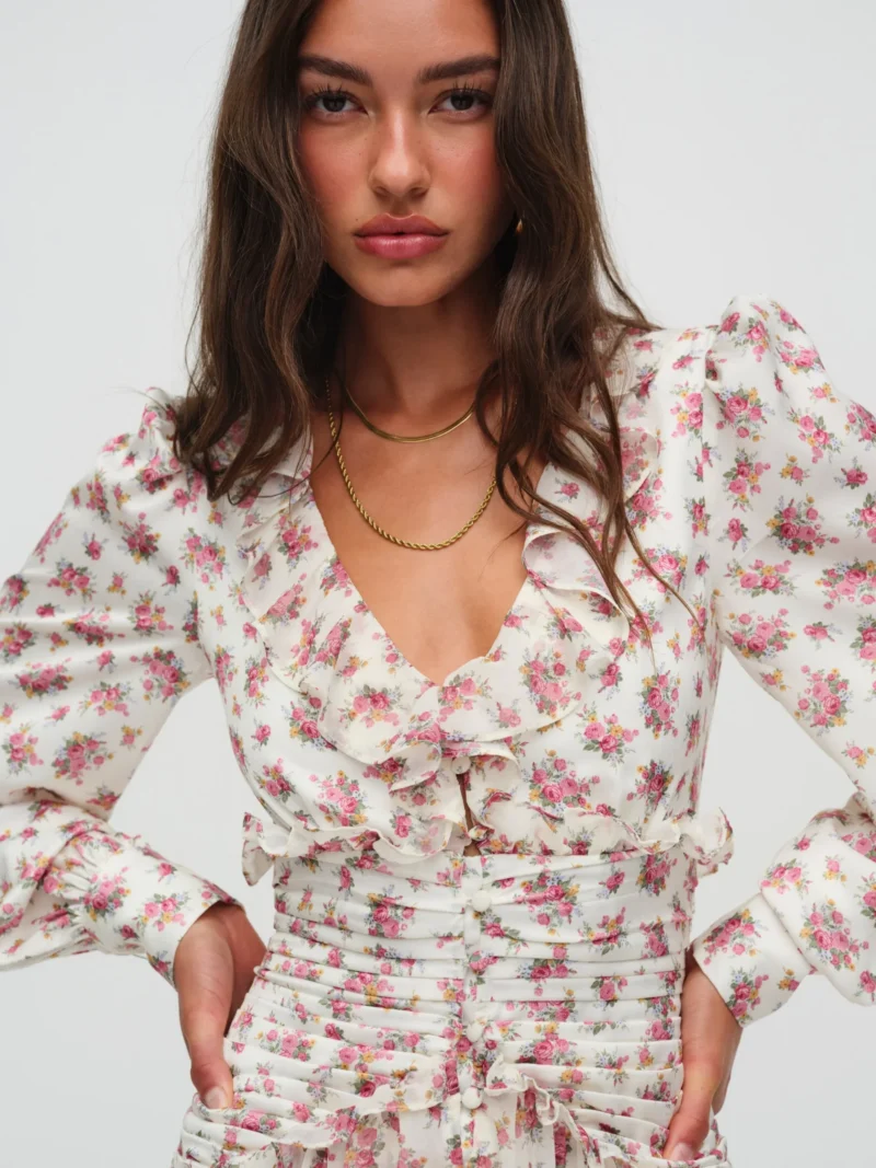 Spring Floral Ruffle Mini Dress – Boho V-Neck Long Sleeve A-Line Dress - Image 3