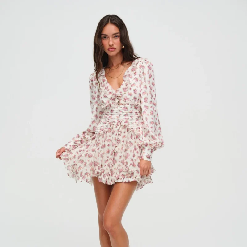Spring Floral Ruffle Mini Dress – Boho V-Neck Long Sleeve A-Line Dress