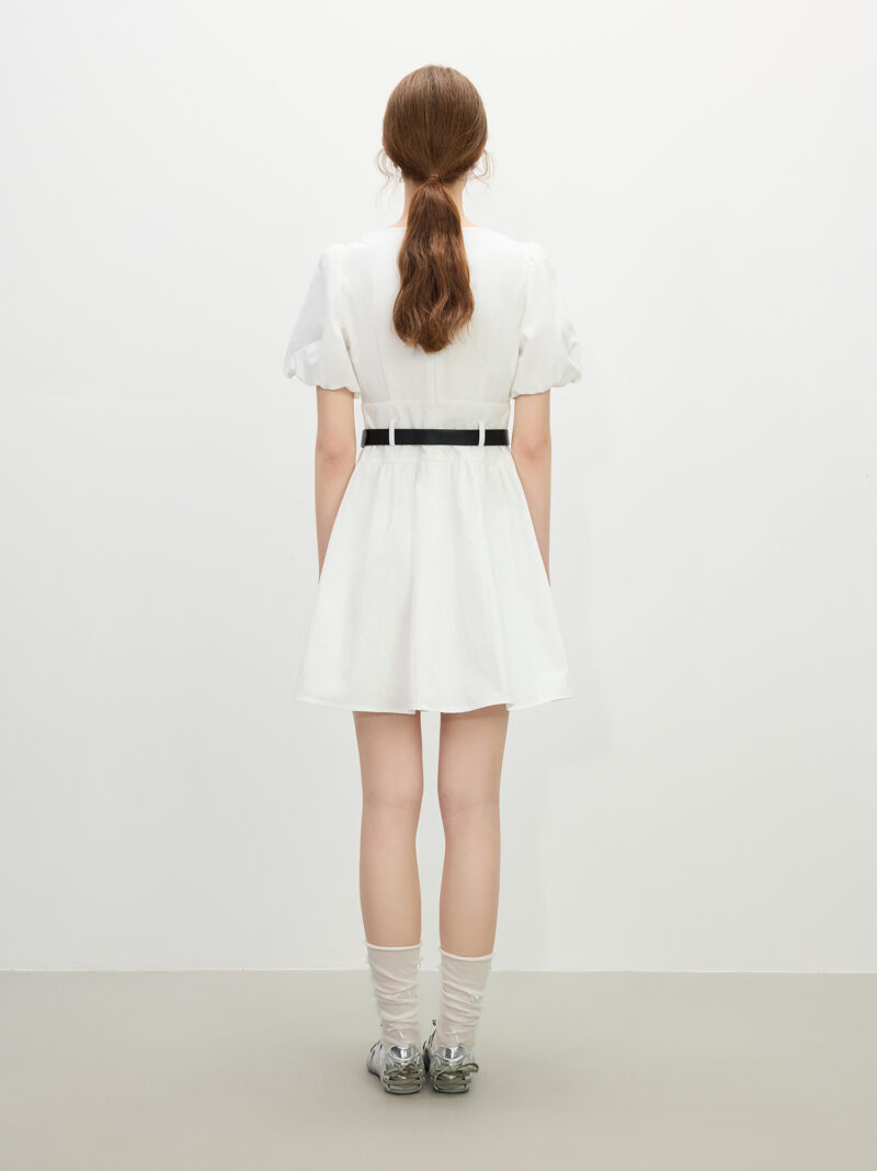 Minimalist White Puff Sleeve V-Neck Dress - Image 4