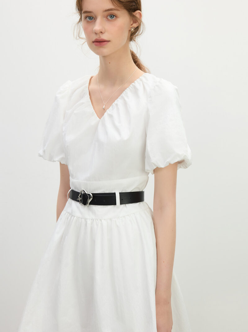 Minimalist White Puff Sleeve V-Neck Dress - Image 3
