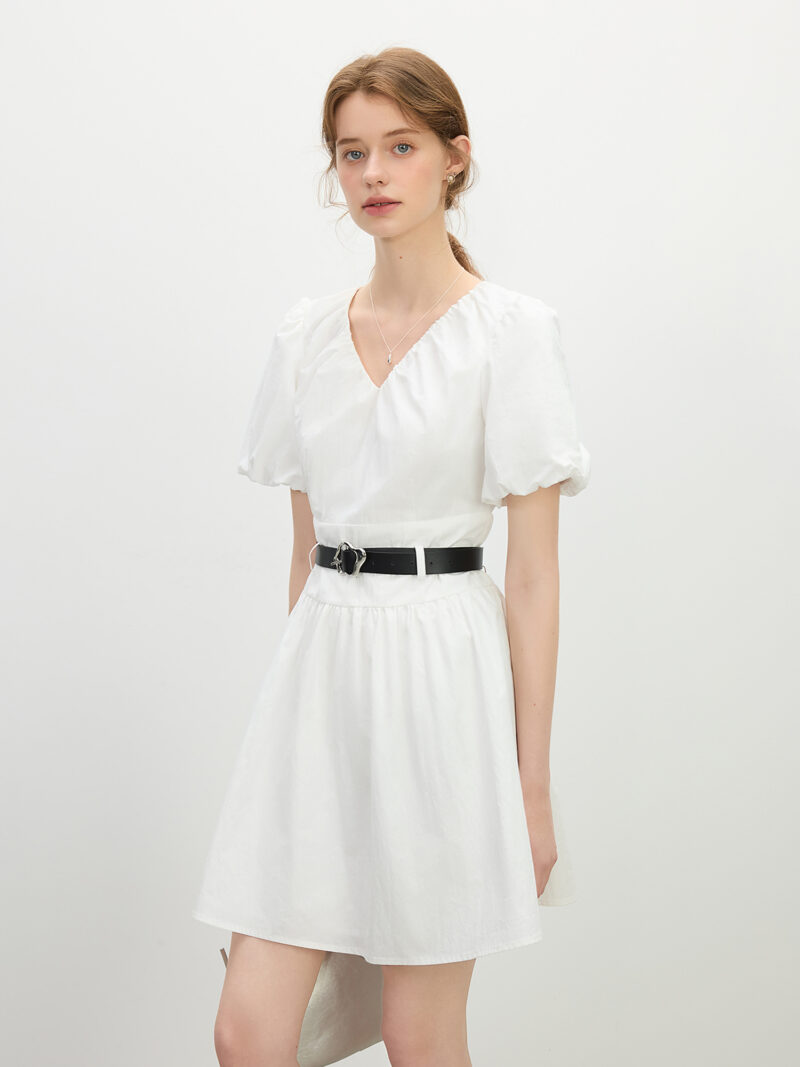 Minimalist White Puff Sleeve V-Neck Dress - Image 2