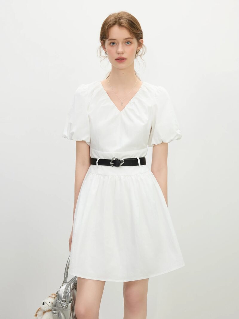Minimalist White Puff Sleeve V-Neck Dress - Image 5