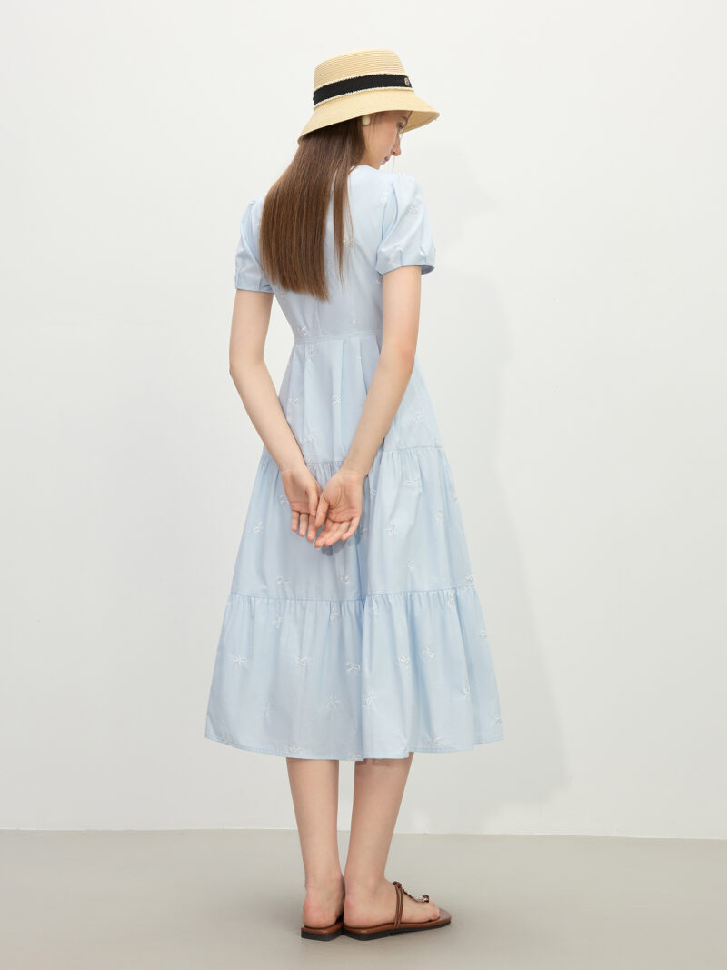 Blue Cotton V-Neck A-Line Dress with Embroidered Bow - Image 5