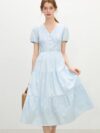 Blue Cotton V-Neck A-Line Dress with Embroidered Bow