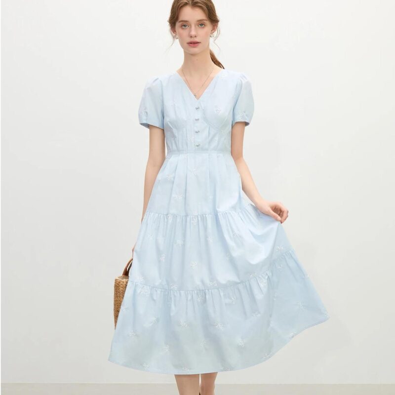 Blue Cotton V-Neck A-Line Dress with Embroidered Bow
