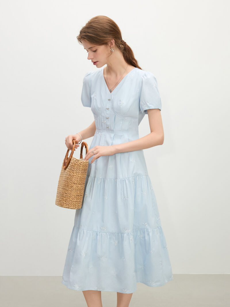 Blue Cotton V-Neck A-Line Dress with Embroidered Bow - Image 4