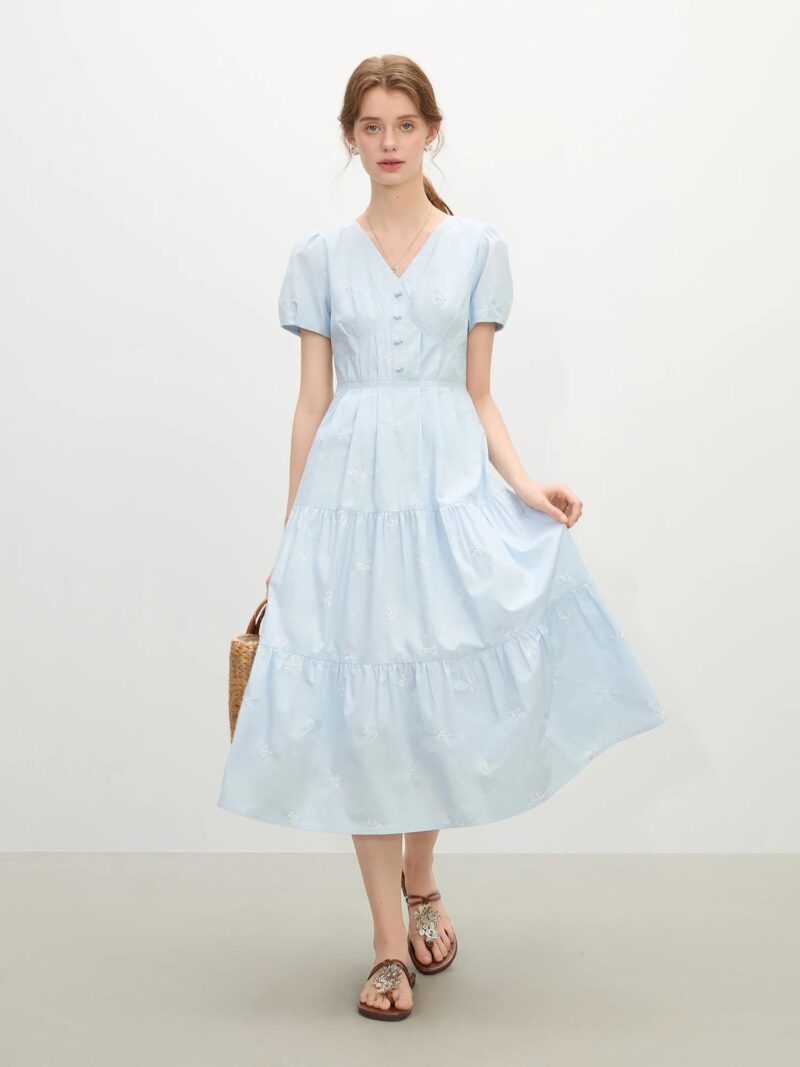 Blue Cotton V-Neck A-Line Dress with Embroidered Bow - Image 2