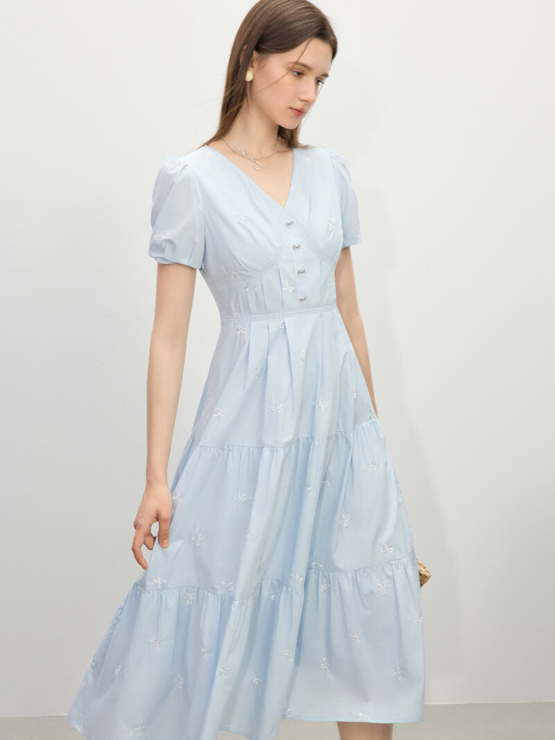 Blue Cotton V-Neck A-Line Dress with Embroidered Bow - Image 3