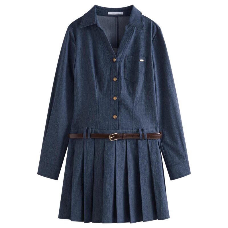 Spring Denim Shirt Dress for Women – V-Neck Pleated Mini Office Look