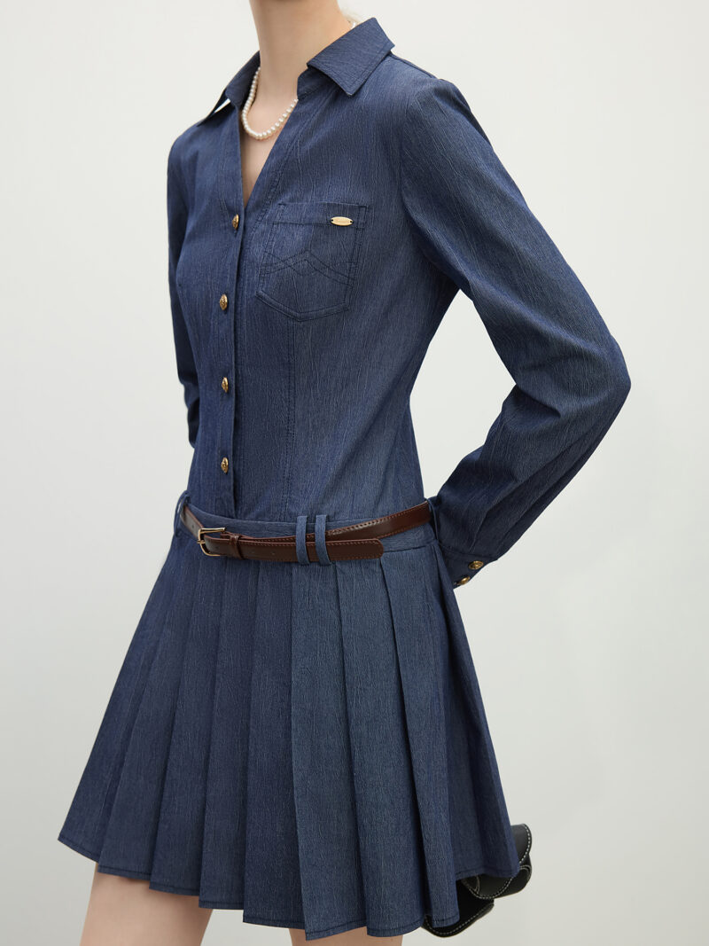 Spring Denim Shirt Dress for Women – V-Neck Pleated Mini Office Look - Image 4
