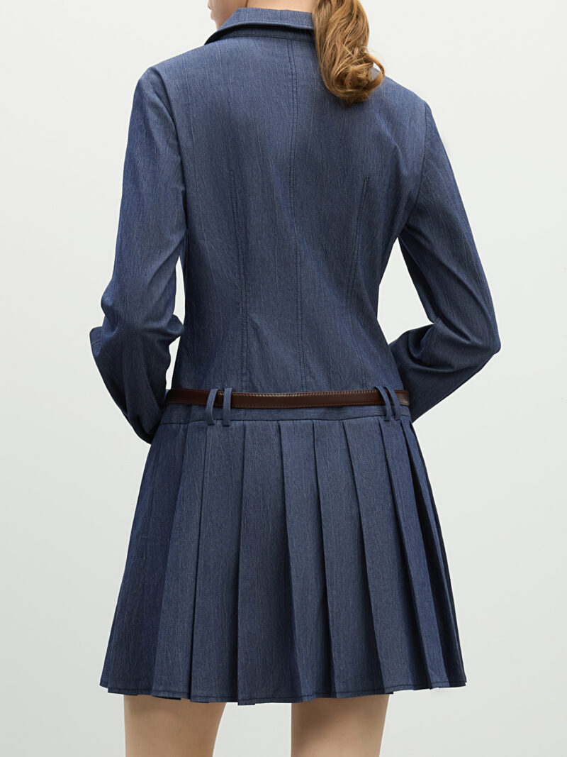 Spring Denim Shirt Dress for Women – V-Neck Pleated Mini Office Look - Image 5