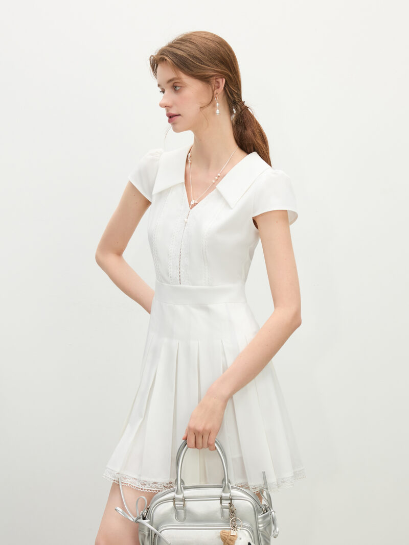 Elegant Summer V-Neck Pleated Lace Dress for Women - Image 3