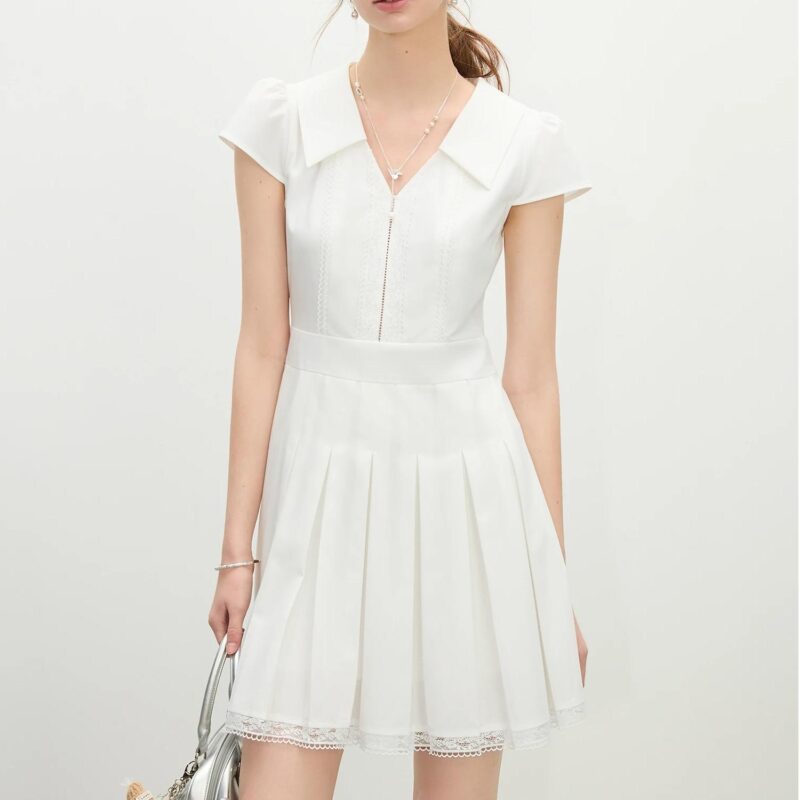 Elegant Summer V-Neck Pleated Lace Dress for Women