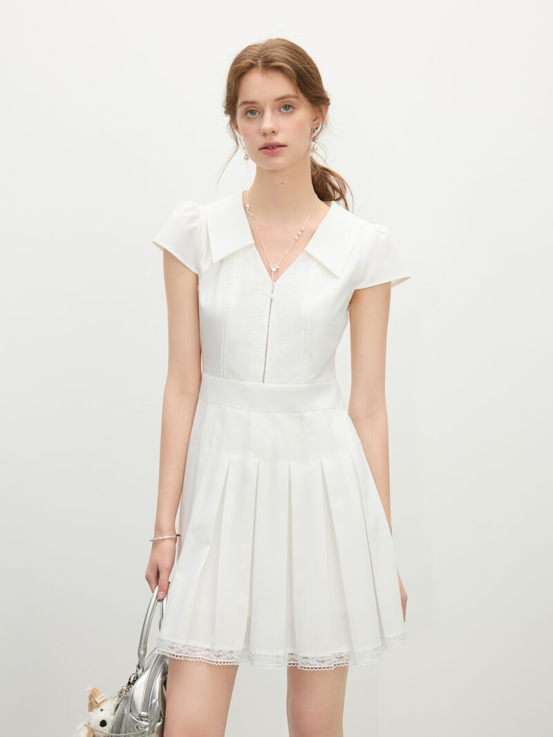 Elegant Summer V-Neck Pleated Lace Dress for Women - Image 2
