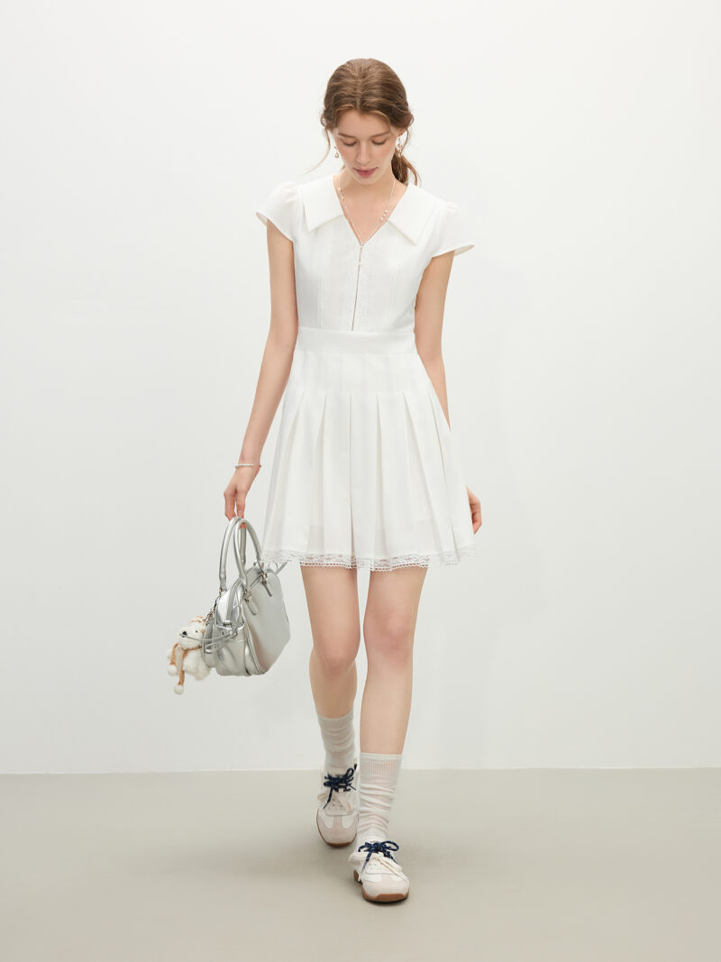 Elegant Summer V-Neck Pleated Lace Dress for Women - Image 4
