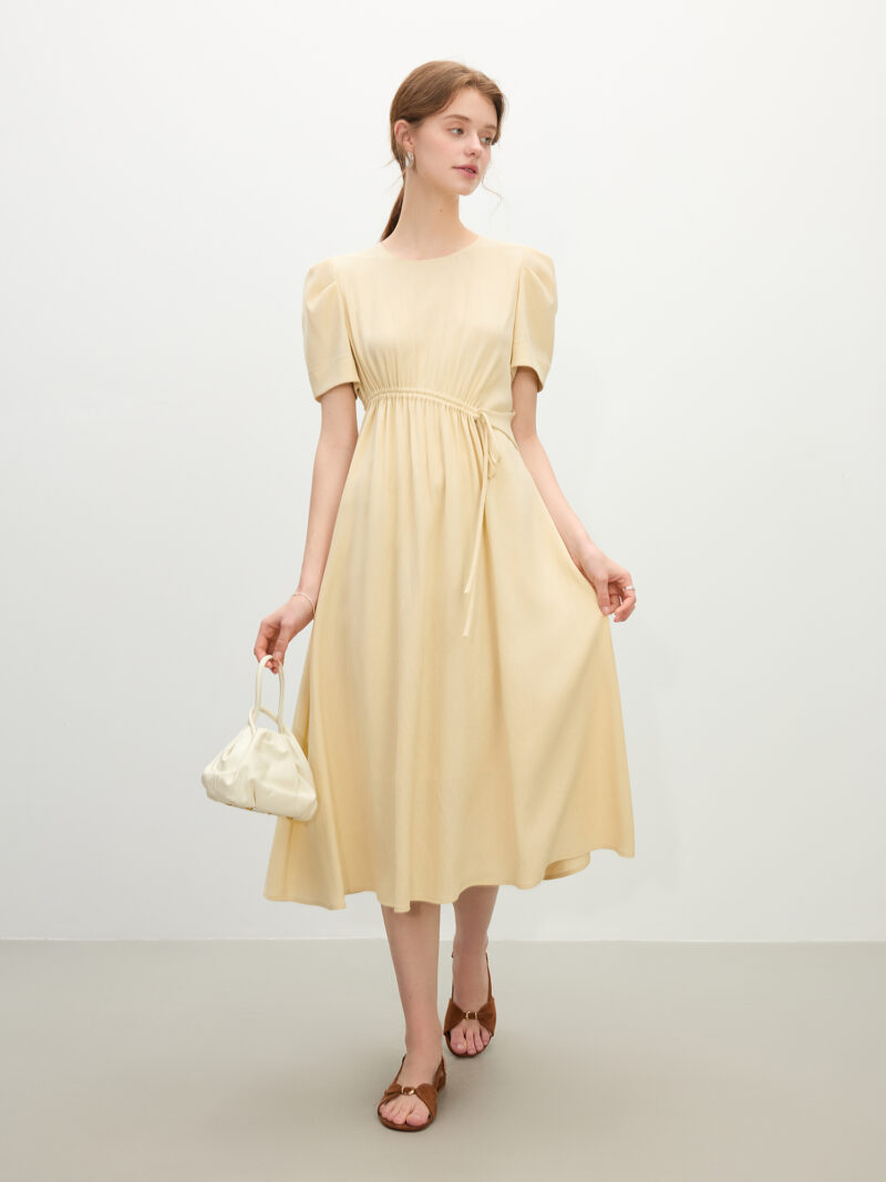 Chic Summer A-Line Dress with Drawstring Waist and Lantern Sleeves - Image 2