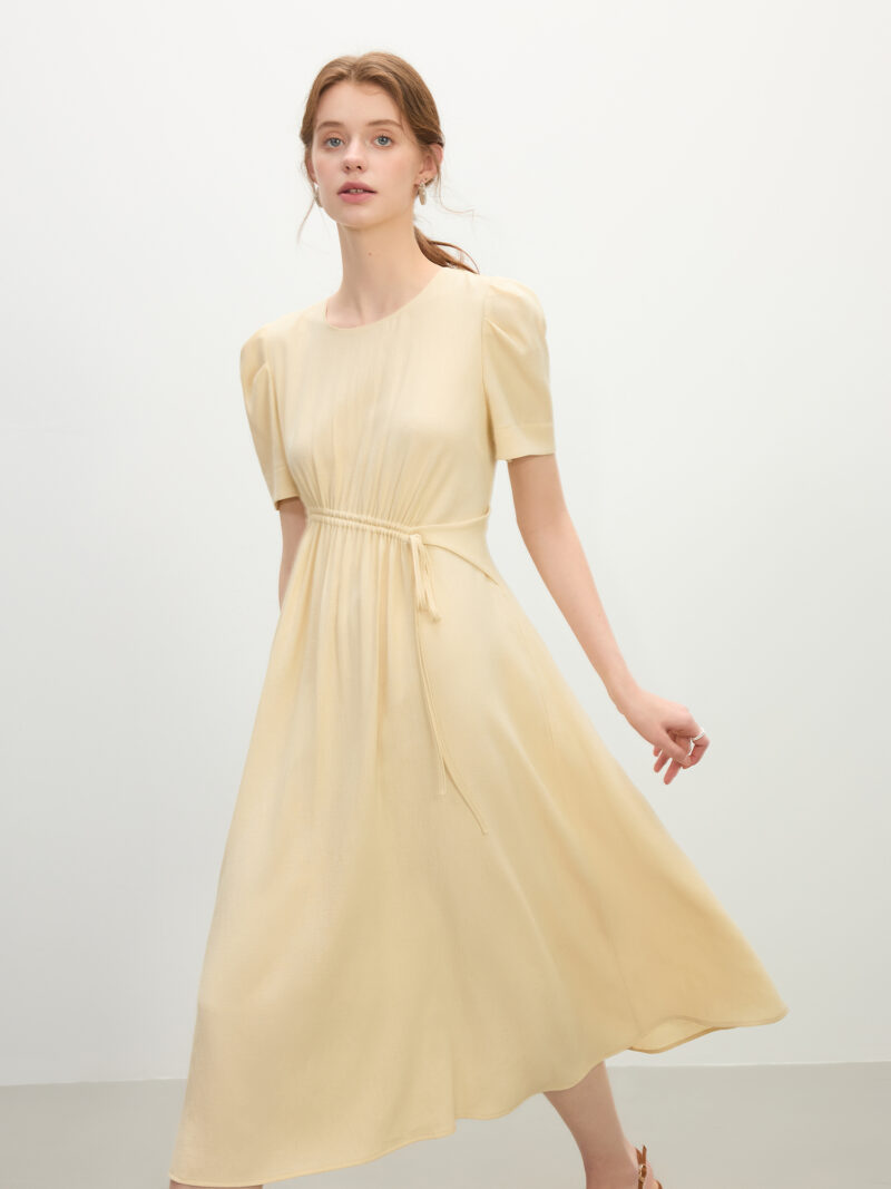 Chic Summer A-Line Dress with Drawstring Waist and Lantern Sleeves - Image 3