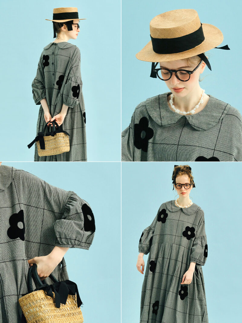 Plaid Cotton Linen A-Line Dress with Puff Sleeves & Appliques - Image 6